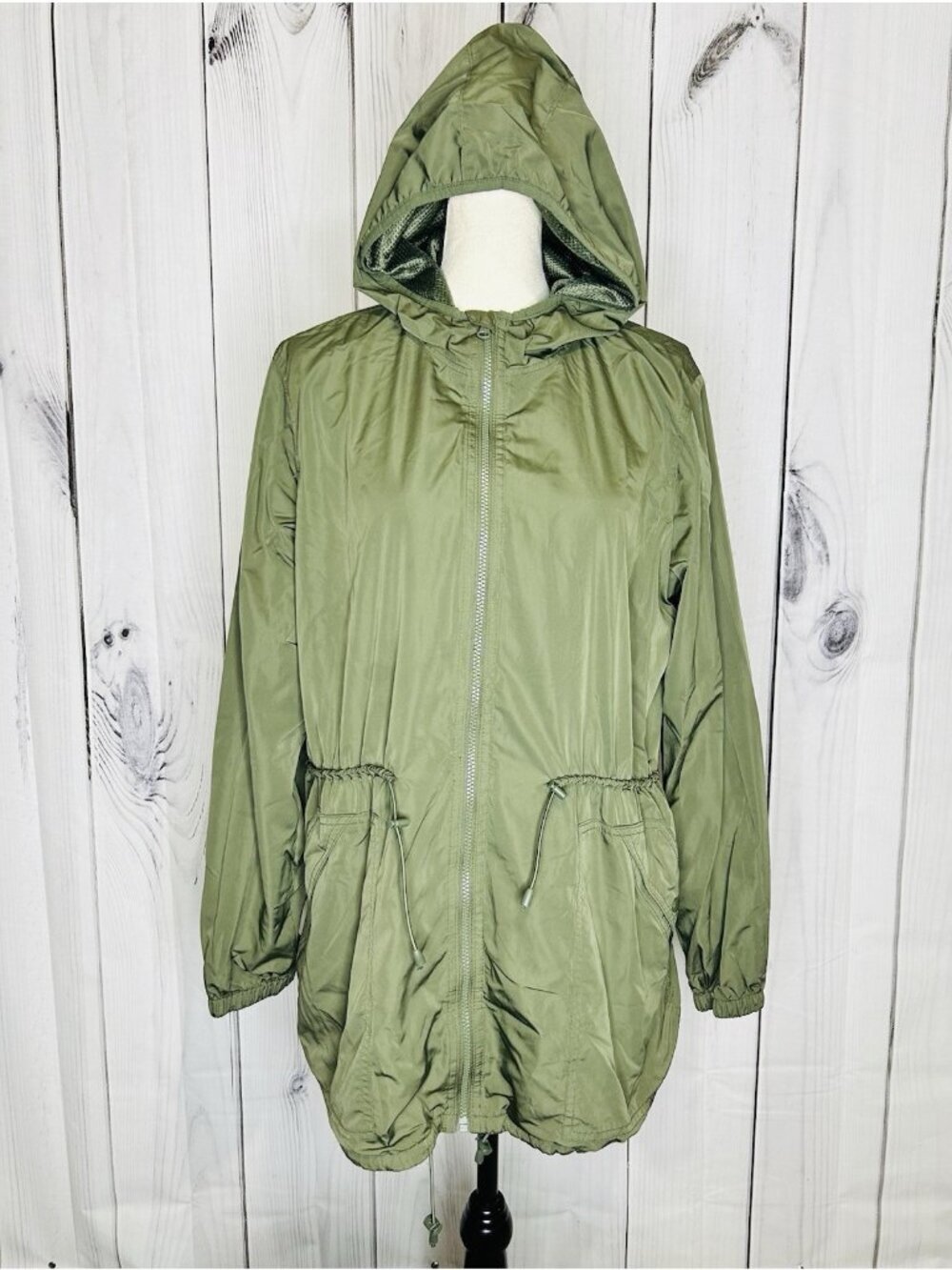 Old Navy Active Utility Jacket Sz L Olive Green Drawstring Waist Full Zip Hooded